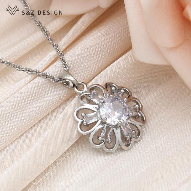 Mode Roséguldfärg Runda Kubiska Zirkonia Blommor Hängande Örhängen Smyckesset För Kvinnor Hängsmycke Halsband