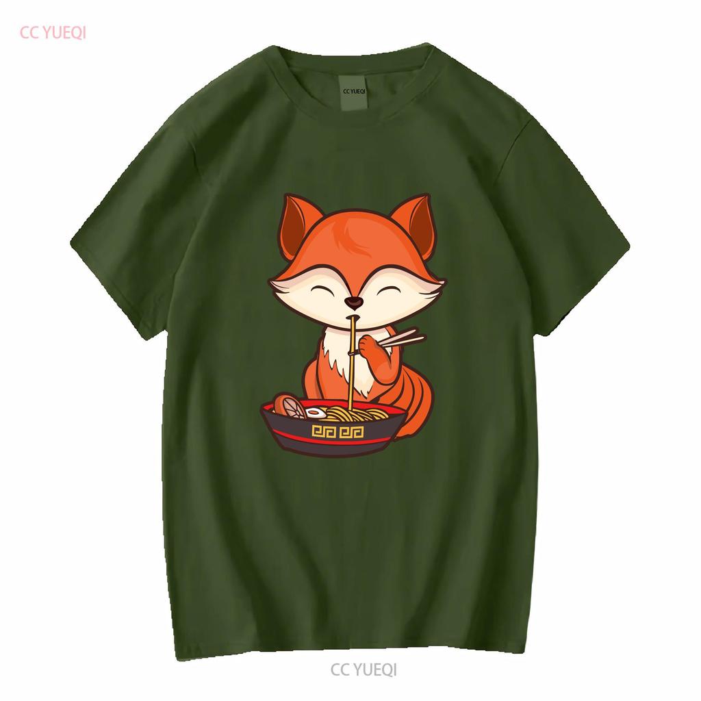 Fox Eating Ramen Kawaii T Shirt Japanese Cute Lovely Long or Short Sleeves Vintage Washed Unisex Casual Slightly Versatile