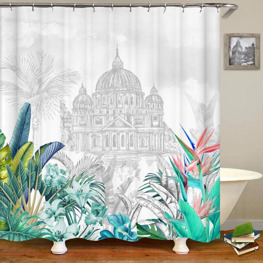 Waterproof Fabric Shower Curtain Colorful Flowers Pattern Printed Shower Curtains With 12 Hooks Multi-size Bath Screen