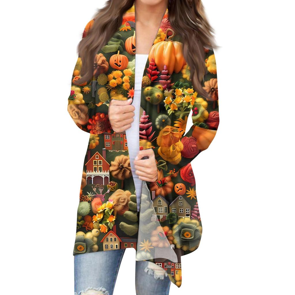Women's Halloween Print Long Sleeve Front Cardigan Printed Top Lightweight Jacket