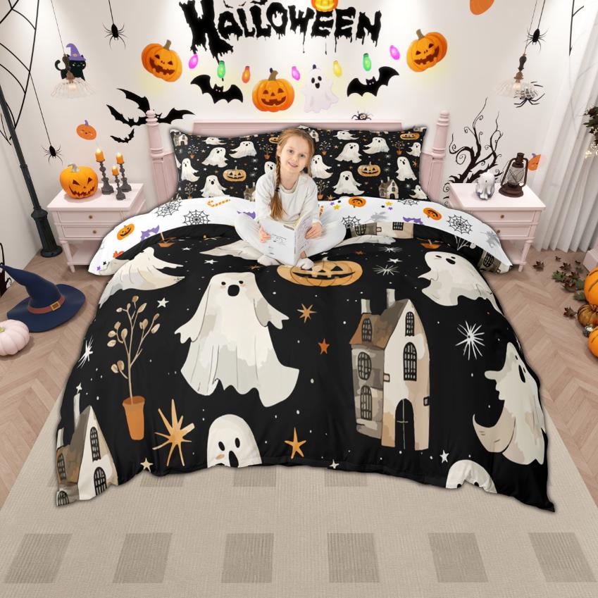 

Homewish Happy Halloween Duvet Cover Set for Kids Boys Girls 2pcs/3pcs, Cartoon Spooky Animal Bedding, Pumpkin Ghost Bed Set UK C 120x150cm 2pcs&set