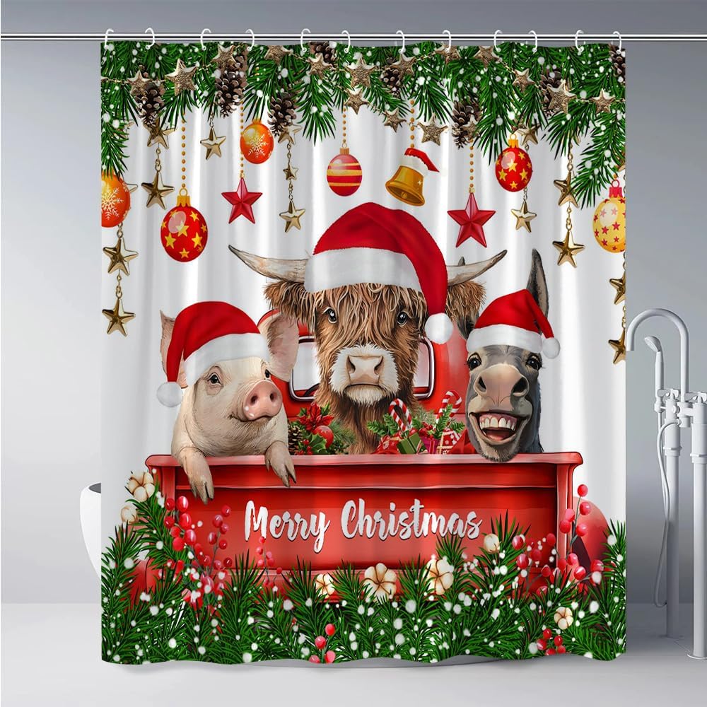 Funny Christmas Shower Curtain Cute Highland Cow Pig Donkey Red Truck Farm Calf Cattle Xmas Ball Pine Tree Western Animals