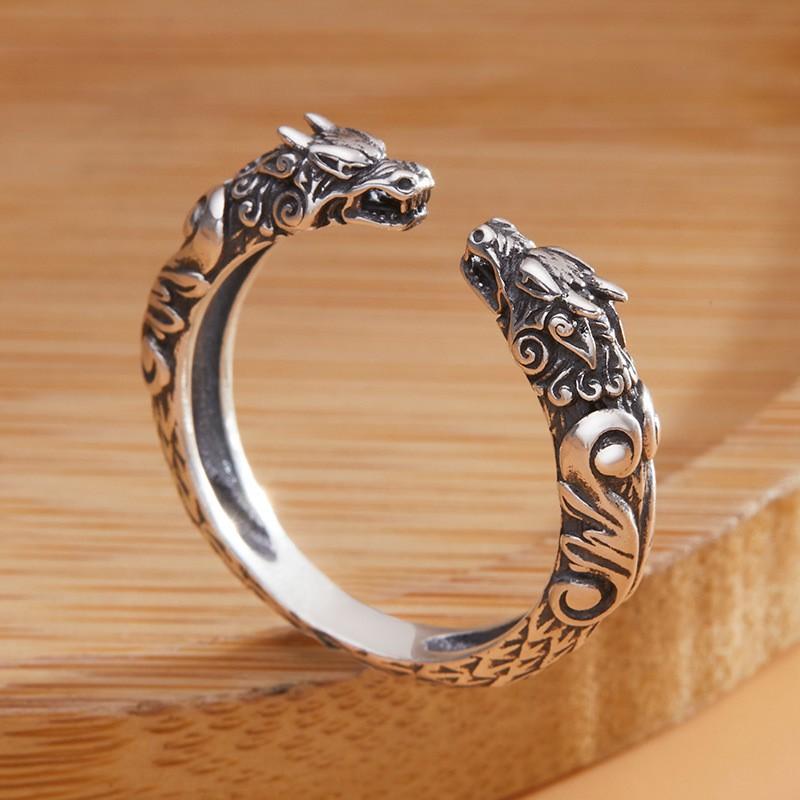 Adjustable Open Ring With Dual Dragon Motif Vintage Style Plated Men Women Fashion Jewelry Of
