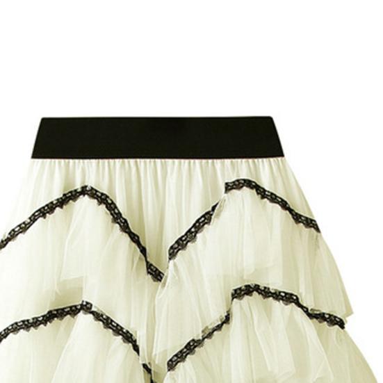 Women Skirt High Waist A-line Big Swing Ruffle Contrast Color Scattered Hem Pleated Patchwork Princess Style Elastic Waist Ankle Length Maxi Skirt