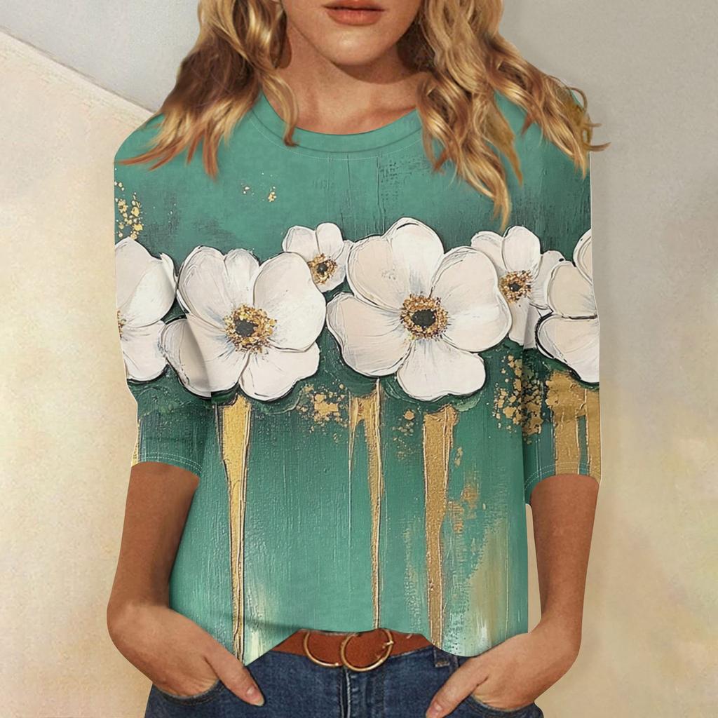 Damenmode, lässig, Rundhalsausschnitt, 3/4-Ärmel, lockeres bedrucktes T-Shirt, Damen-Top