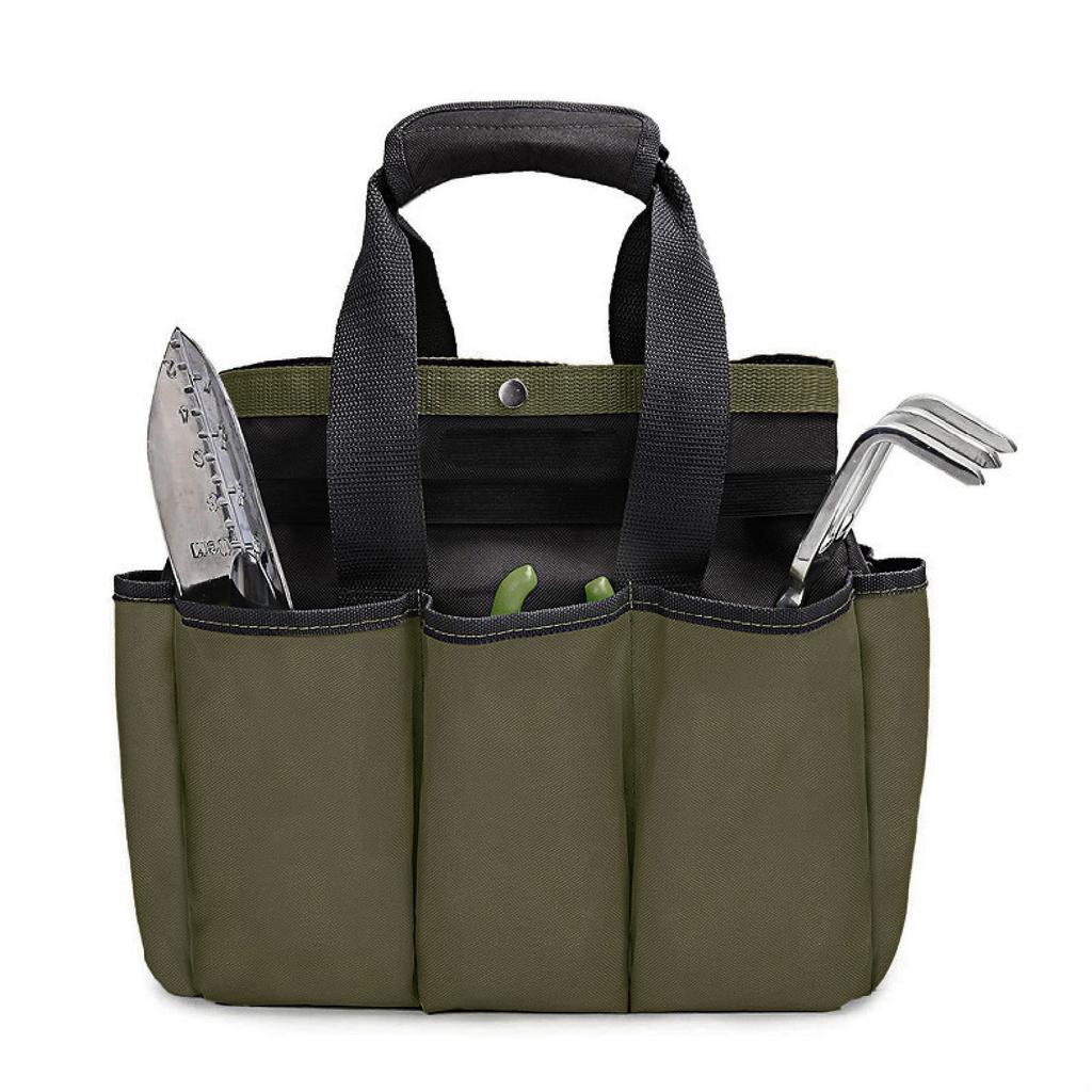 Garden Tool Bag Green 600D Oxford Cloth Splash Proof PE Board Bottom Gardening Bag with Multiple Pockets Compartments for Outdoor