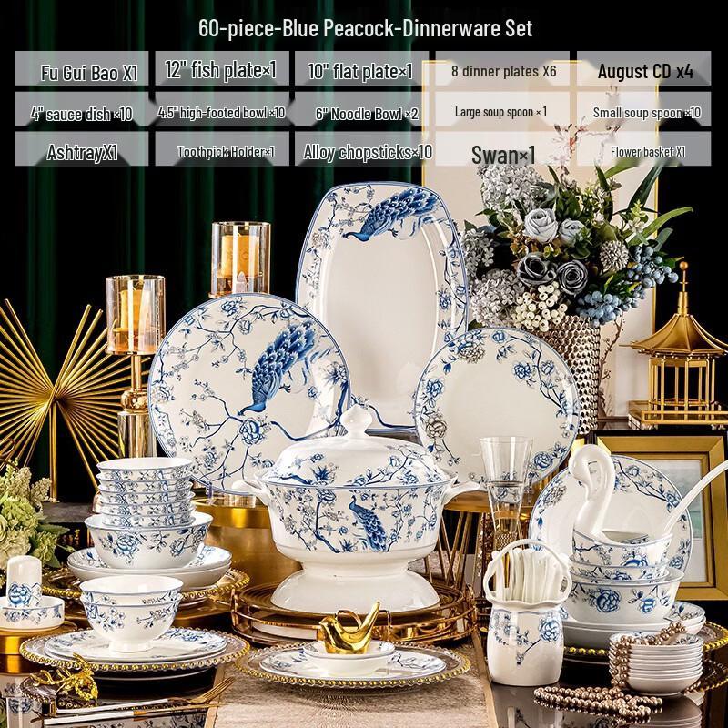 Ru Han Blue and White Porcelain Dinnerware Set - Blue Peacock (60-Piece)