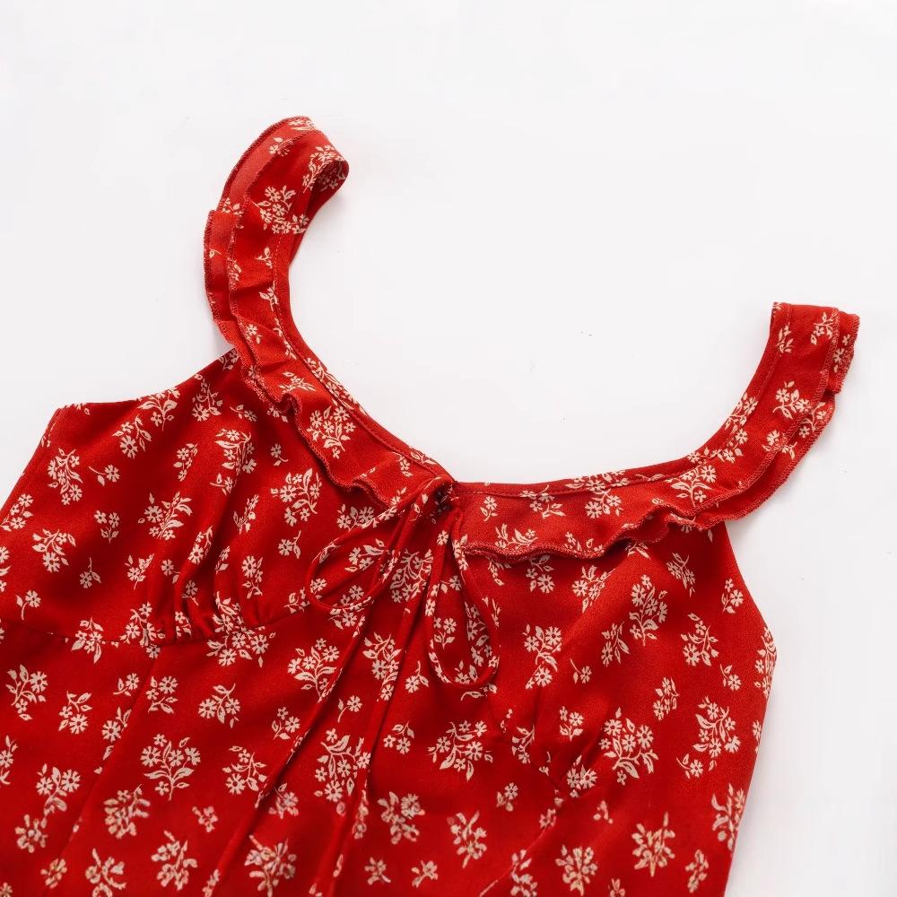 Summer New French Retro Red Floral Suspender Dress Small Man Waist Skinny Short Skirt