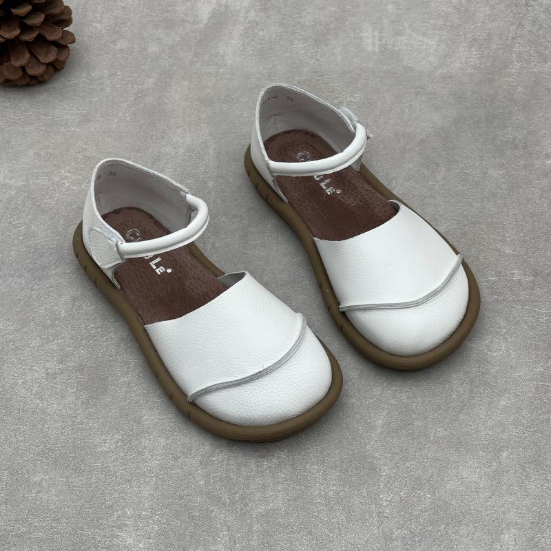 Johnature Sandálias rasteiras retrô artesanais de couro genuíno, casuais, versáteis, confortáveis, sola macia, sapatos femininos