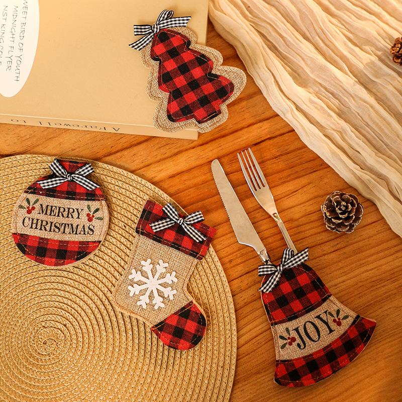 Plaid Christmas Stocking Knife And Fork Set Table Decoration Embroidery Christmas Props Knife And Fork Set Christmas Decoration Ornaments