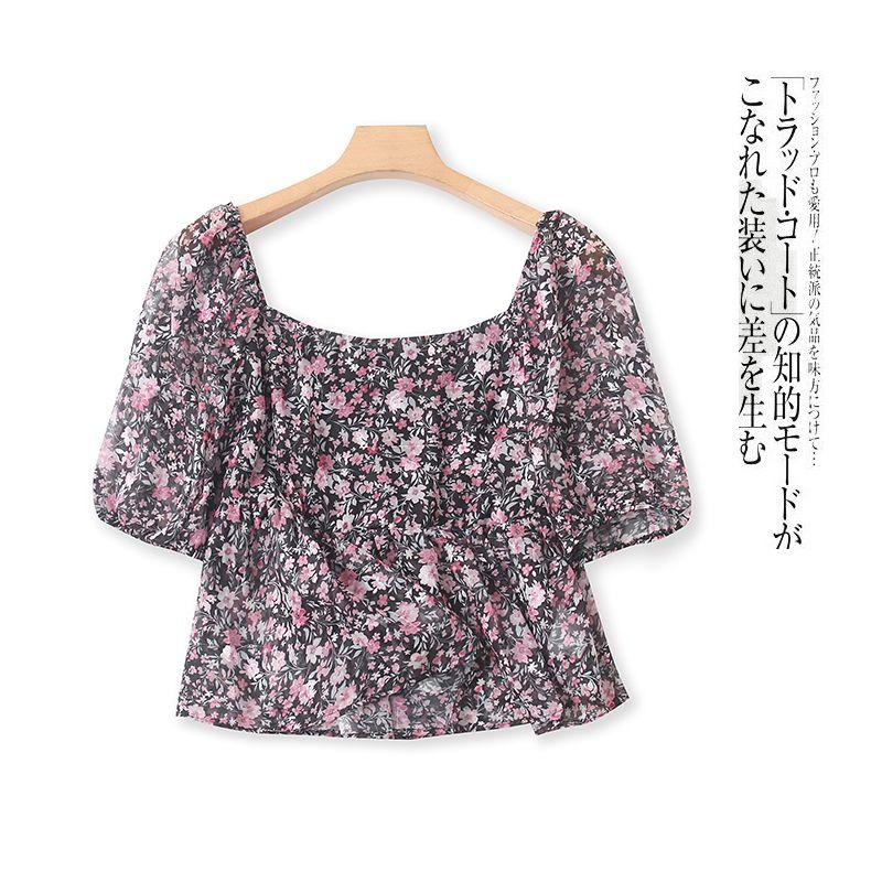 

Шифон Зарубежная Торговля Женская Одежда Пузырь Открытая Спина Пуловер Короткий Рукав Black background flower A- 6-30-2 XS