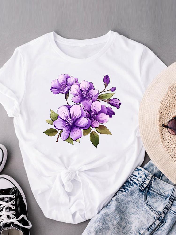 (Asian Size) flower watercolor cute Casual Women's Top Print Short Sleeve T-shirts T Clothing O-neck Fashion Female Graphic Tee