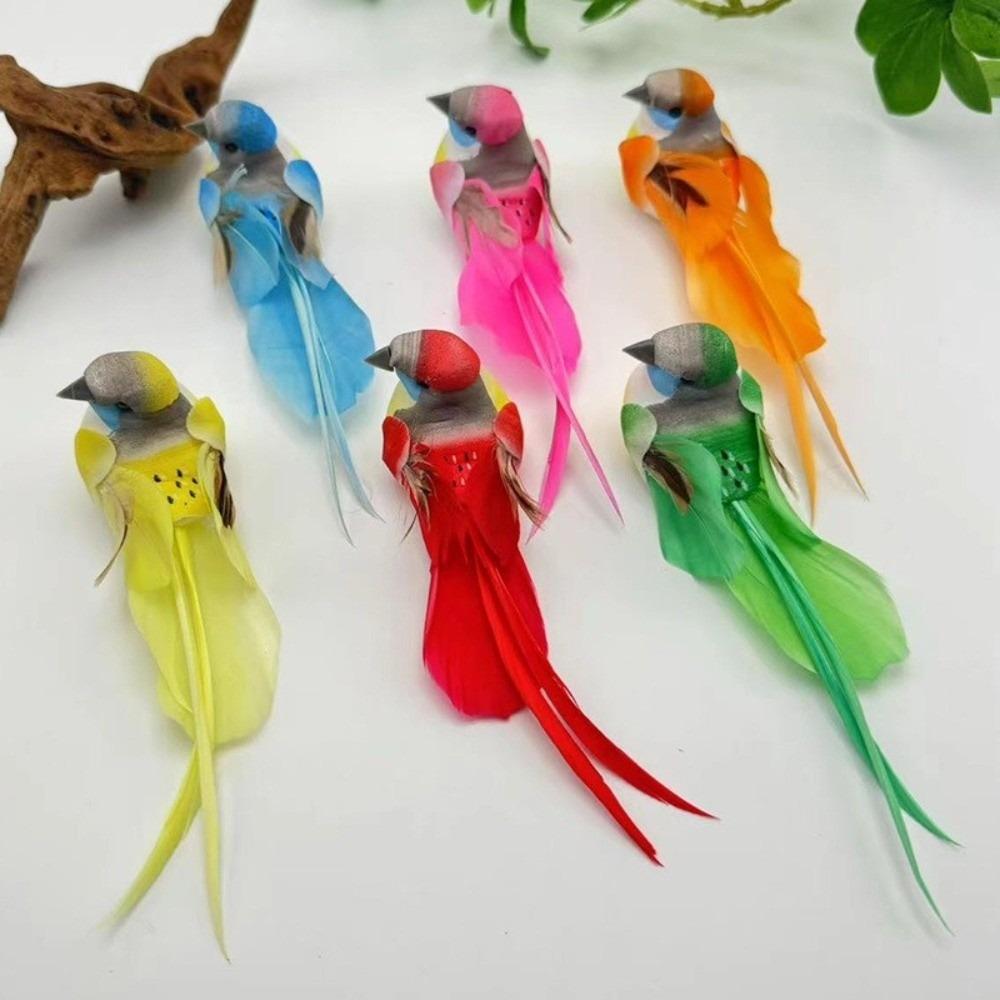 

6pcs Colorful Simulation Birds Photography Props with Clip Artificial Foam Feathers Birds Home Decor Long-haired Sparrow