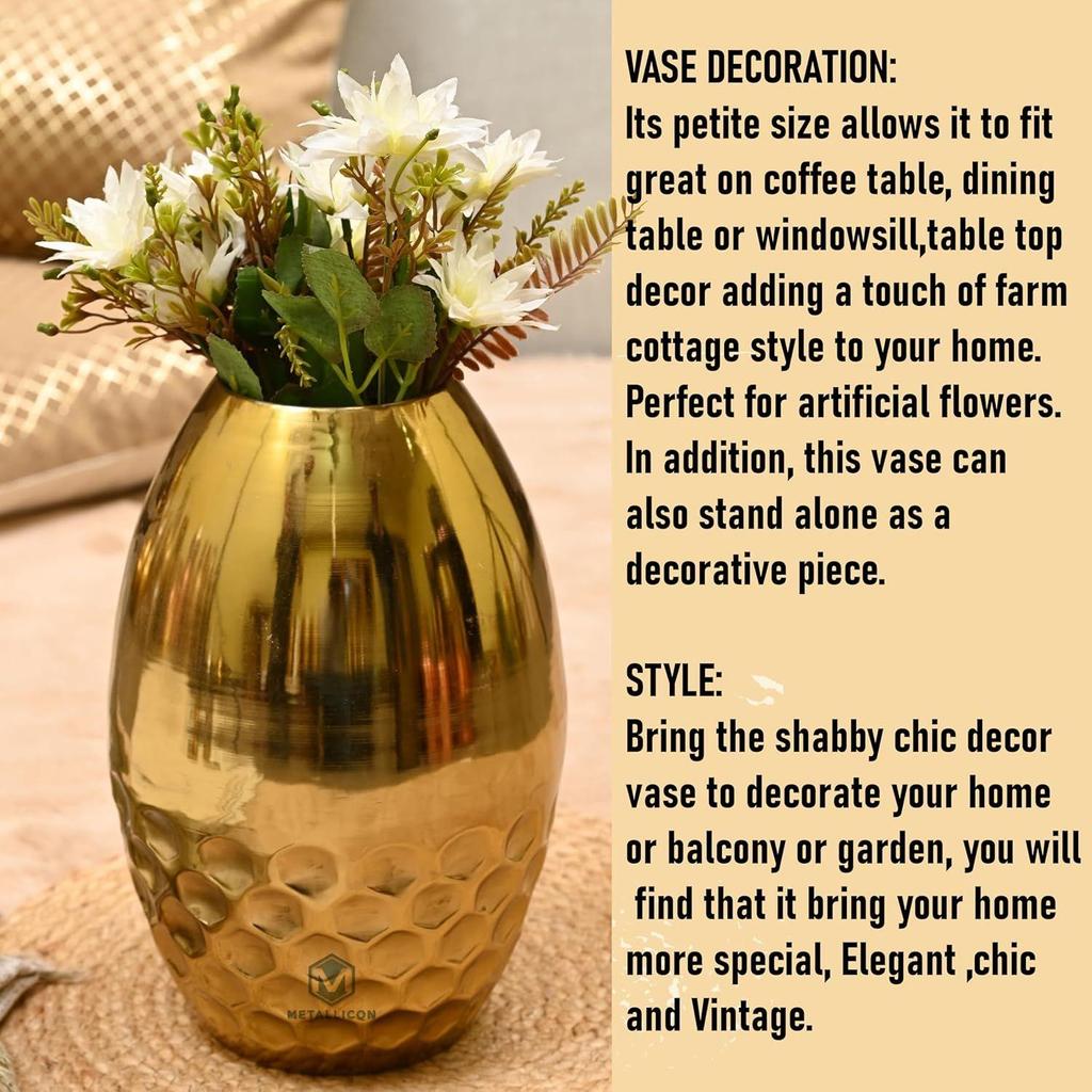 Gold Iron Vase – 11 Inches, Handcrafted Decorative Vase with Hammered Honeycomb Texture, Modern Flower Vase