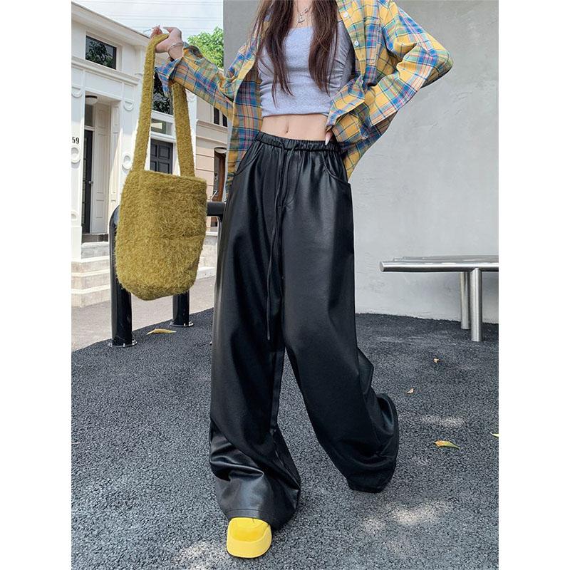 American Style Leather Pants Casual Women Autumn High Waist Straight Loose Elastic Waist Pocket Affordable Wide Leg Trousers