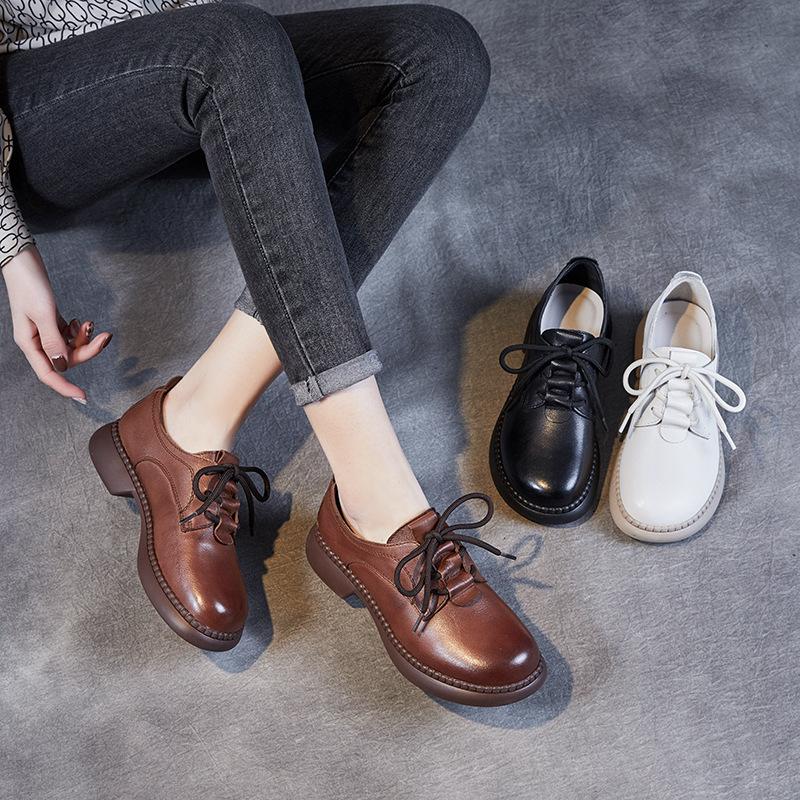 Spring 2025 New Retro Style Leather Single Shoes Handmade Soft-soled Shoes Low Heel Round Head Lace-up Flat Women's Shoes