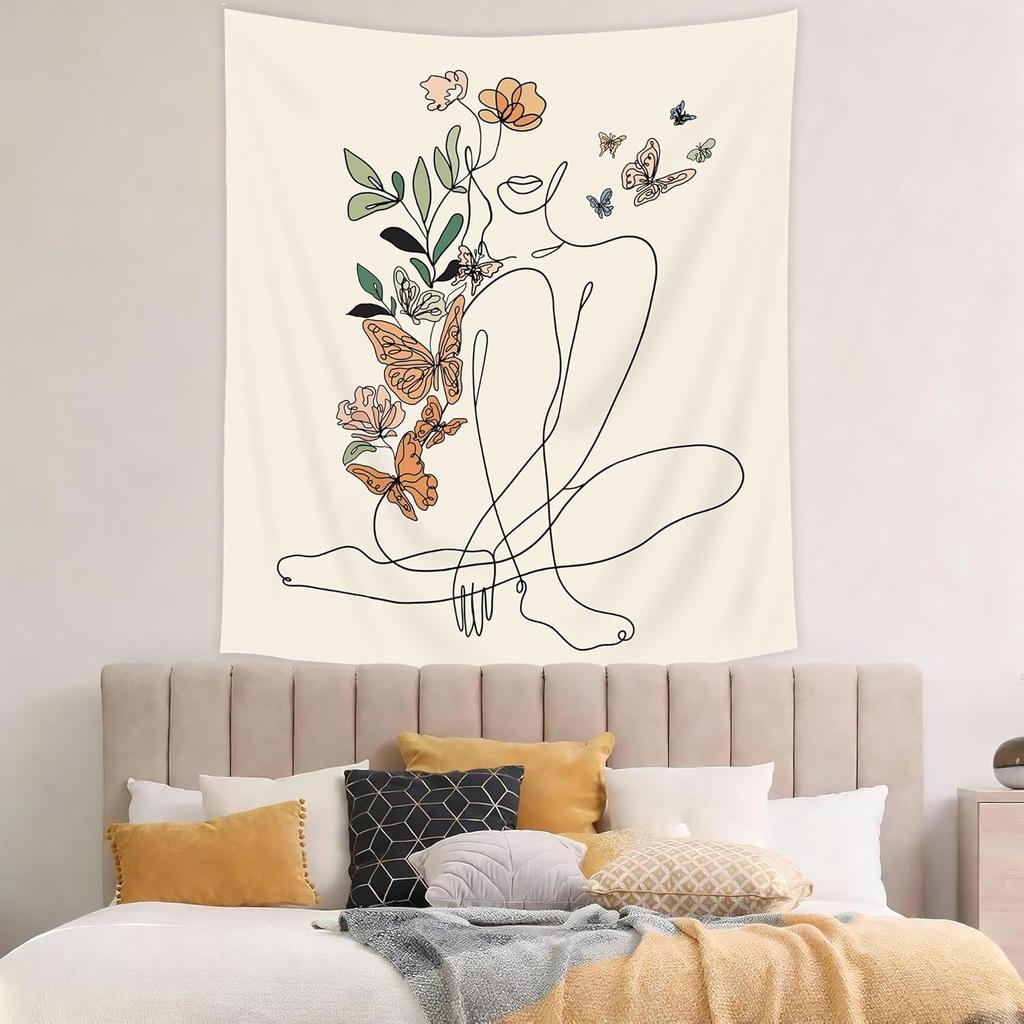 Abstract Woman Butterfly Fabric Wall Hanging Tapestry Minimalist Modern Flower Plant Mid Century Terracotta Aesthetic Portrait