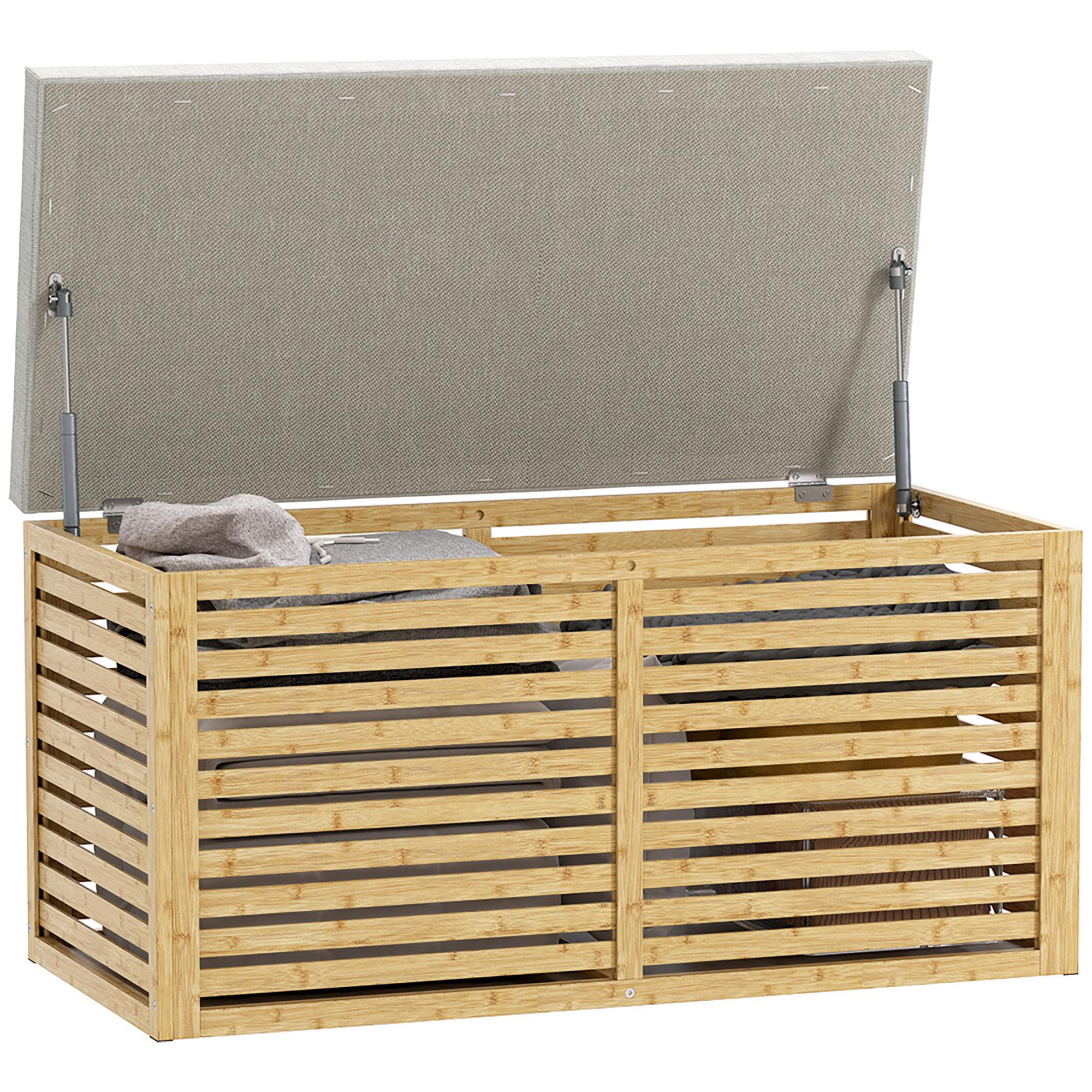 Ławka ze schowkiem, Wyściełana skrzynia do przechowywania z tkaniny o wyglądzie lnu, Bambusowa pokrywa i konstrukcja, Szara i naturalna 90 x 42 x 43 cm