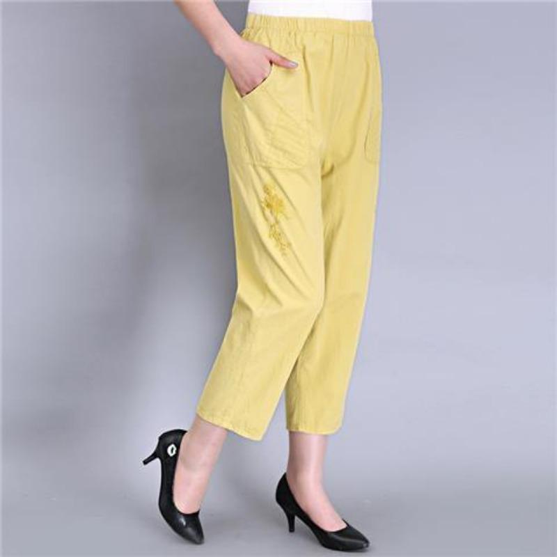 Women's Cropped Pants with Elastic High Waisted Cotton and Loose Fit for The Elderly In Summer
