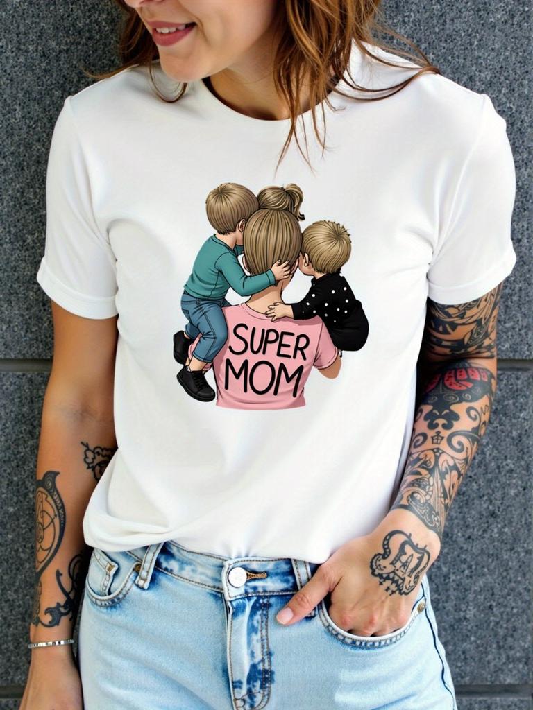 European size Women's Super Mom Print T-Shirt - Short Sleeve Round Neck Casual Top with "Super Mom" & "Mom" Text, Comfortableel