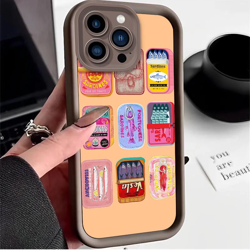 

Hand Drawn Sardine Tin Cute Fish Print Phone Case for iPhone 17 Air 16 E 15 14 Plus 13 12 Mini 11 Pro Max Liquid Silicone Cover iPhone 11