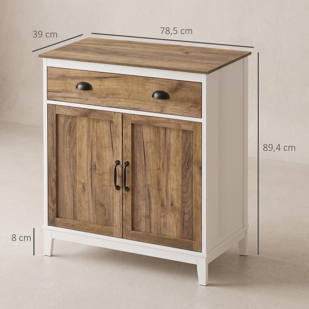 Living Room Sideboard, 2 Doors, Drawer, Adjustable Shelf, 78.5 x 39 x 89.4 cm, White and Oak
