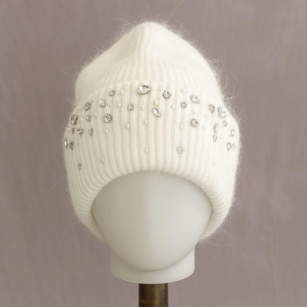 Pullover Hat Rhinestone Knitted Hat Thickened Autumn and Winter Warm Hat белый