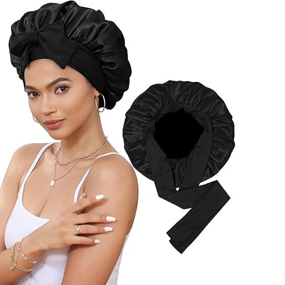 

Женская шапочка для сна из 100% шелка тутового дерева, для ухода за волосами, спальный чепчик, ночная шапочка - Черная