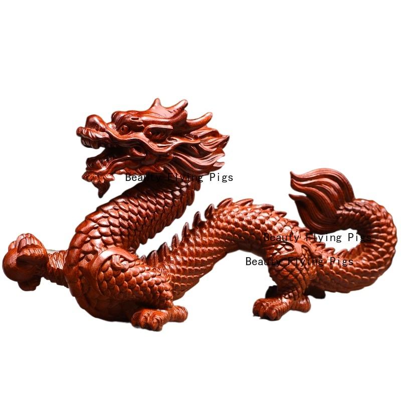 1pc Solid Wood Dragon Ornament Woodcraft Carving Ornaments Home Decoration Chinese Style Zodiac Dragon Statue Simulated Animals