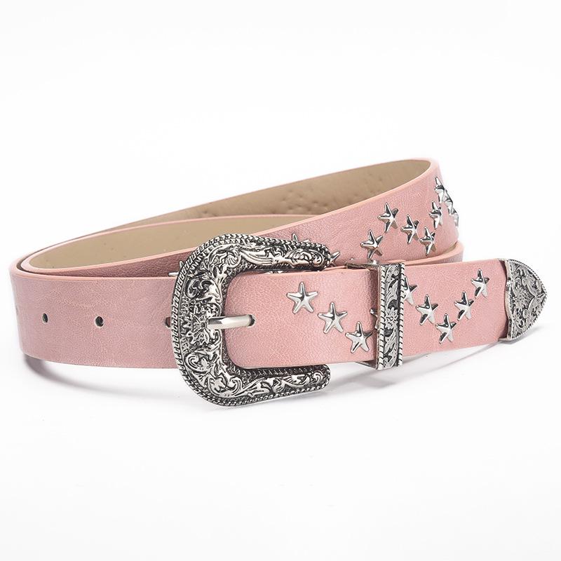 2024 Korean Niche Design Retro Belt: Women's Star-Decorated High-End Brown PU Leather Waist Belt.