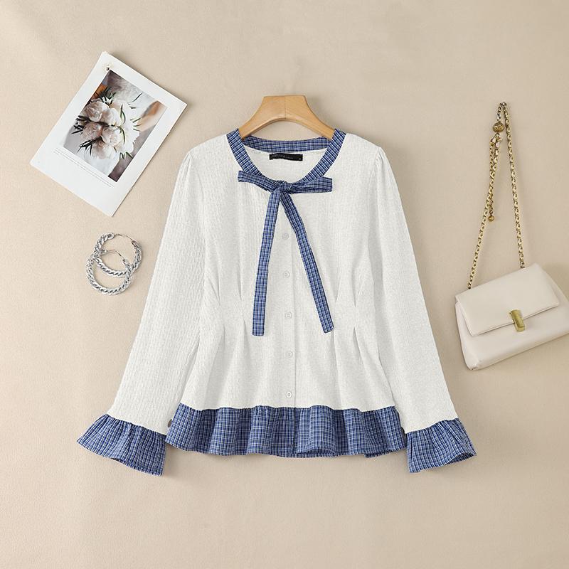 ZANZEA Womens Round Neck Casual Plaid Patchwork Long Sleeve Blouse