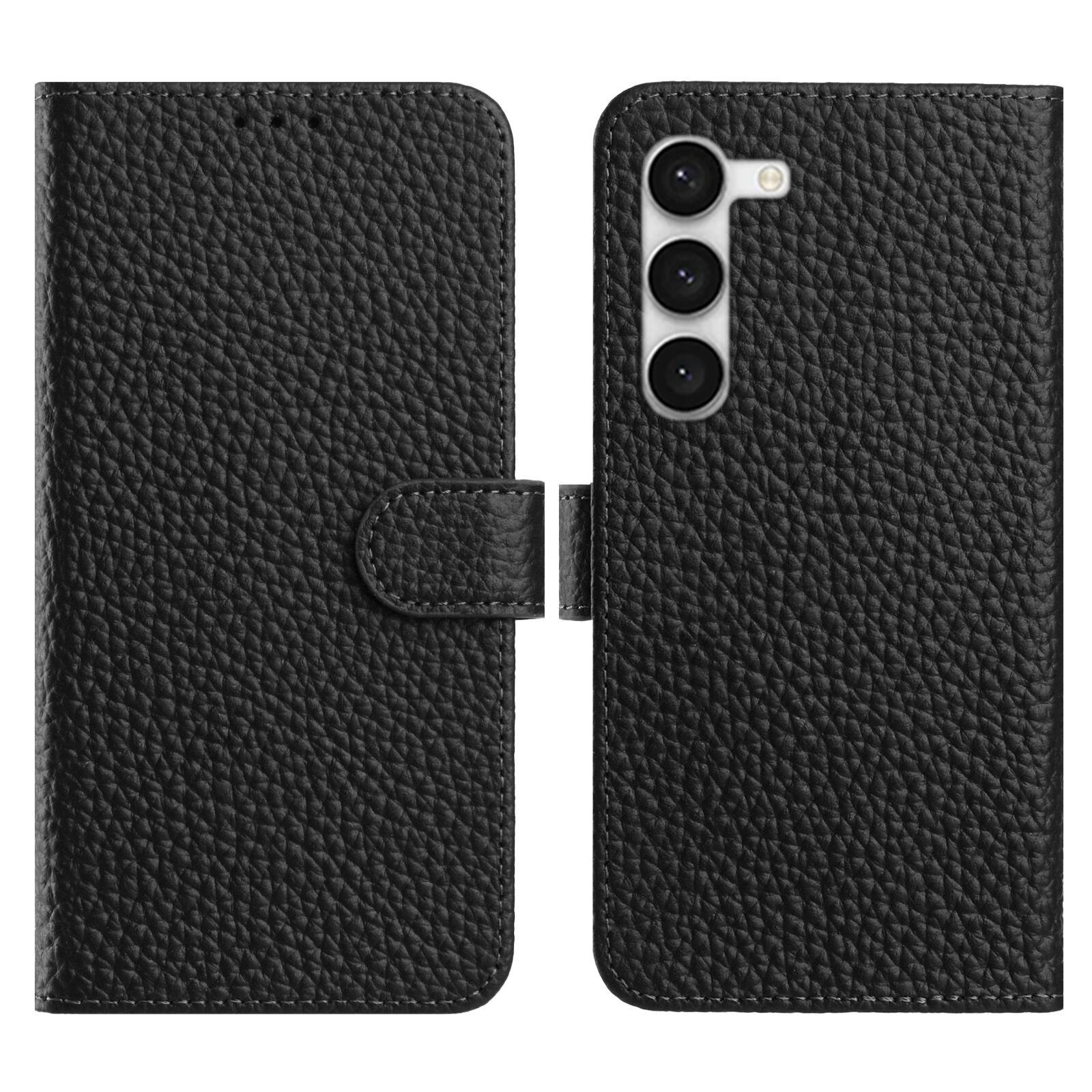 

For Samsung Galaxy S23 Case Wallet Stand Litchi Texture Genuine Cow Leather Flip Phone Cover Black
