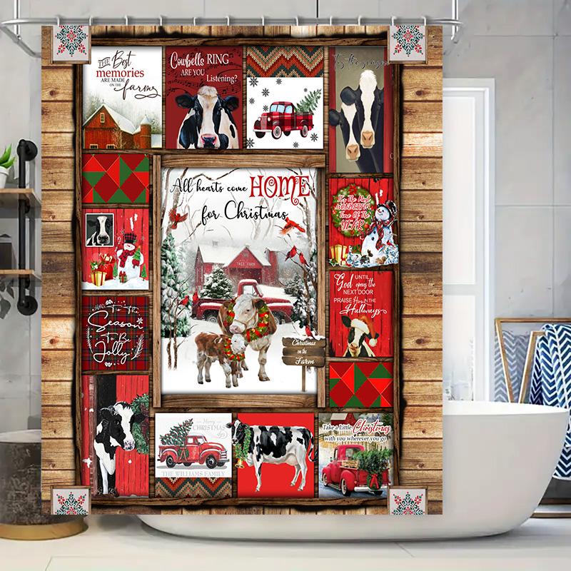 

Home Decor Christmas Themed Shower Curtains Featuring Red Truck With Cow And Santa Claus For Bathroom Decoration 180X240Cm (Red) W60H190(CM)-1 Pcs