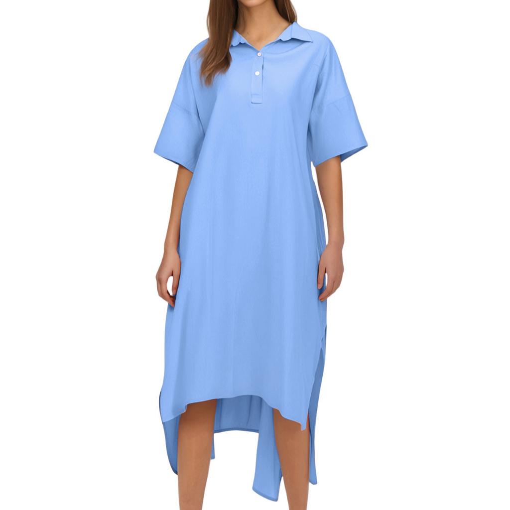 Damenmode Lässig Baumwolle Leinen Einfarbig Revers Knopf Kleid