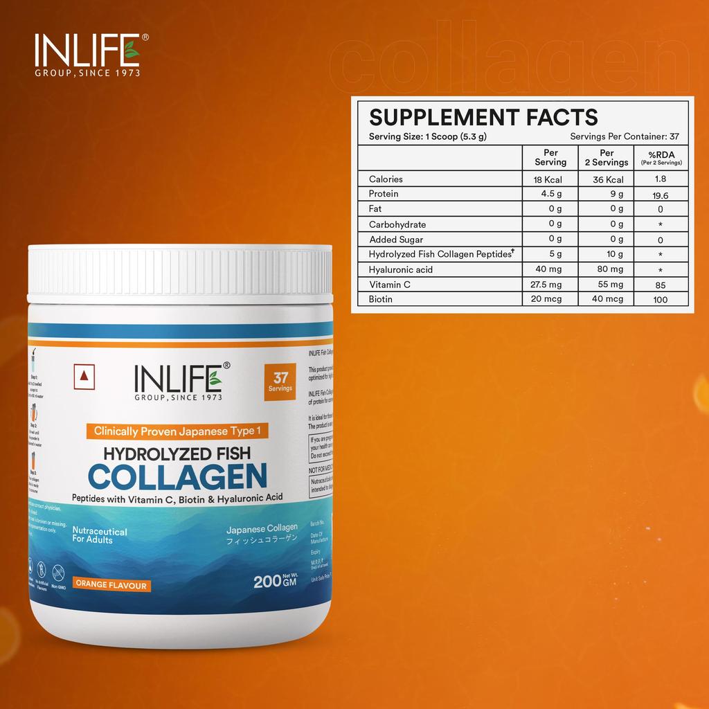 INLIFE Japanese Marine Fish Collagen Powder, Clinically Studied Peptides Type 1, Biotin Hyaluronic Acid Vitamin C, Skin Hair & Joint Health, Oran