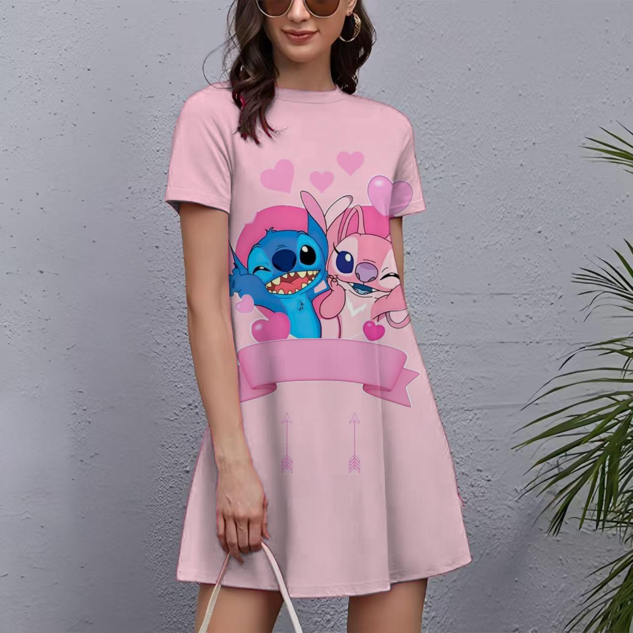 Šaty s potlačou Stitch pre ženy 2025 Nový rok Krátke rukávy O-výstrih Šaty Oversized Dámske Vianočné Zábavné Dámske Párty šaty XL