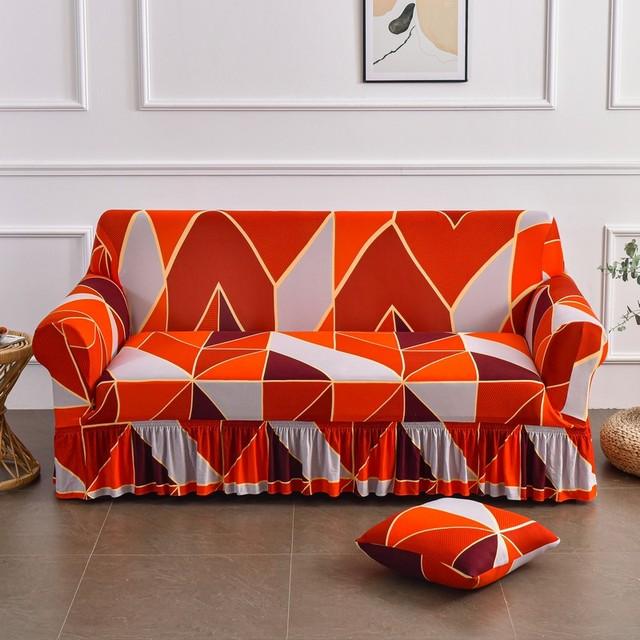 Printed Ruffled Skirt Sofa Cover Stretch Couch Slipcover Washable Furniture Protector Easy Fit Living Room Decor