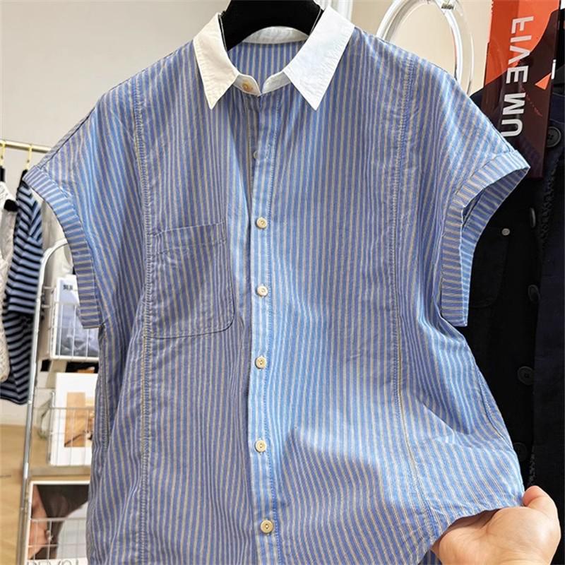 Women s Summer Fashion French Retro Stripe Lapel Shirt M