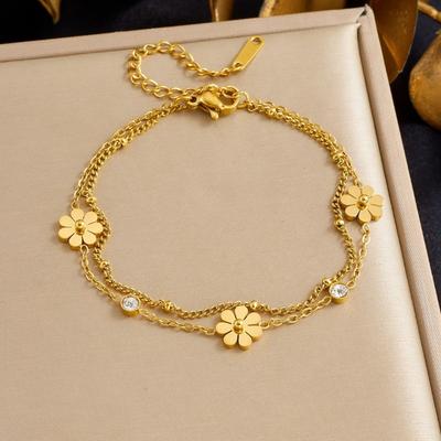 Gold Daisy Flower Double Chain Bracelet For Women Dainty Jewelry
