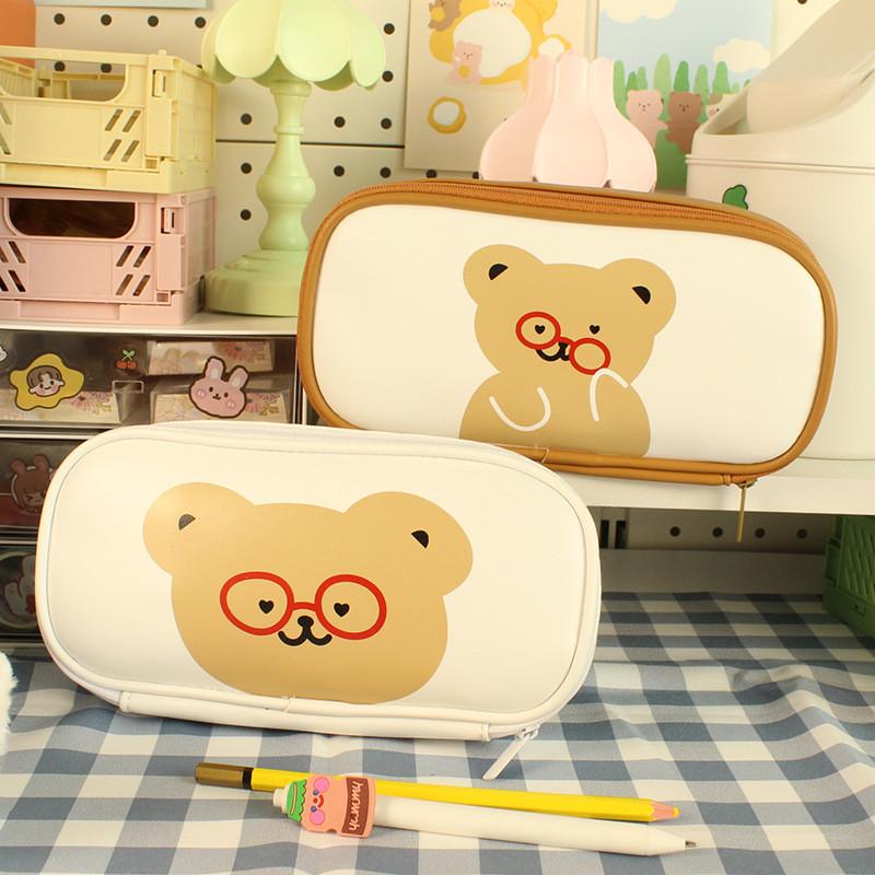 Japanese Style Pu Pencil Bag With Cute Bear Design For School Supplies