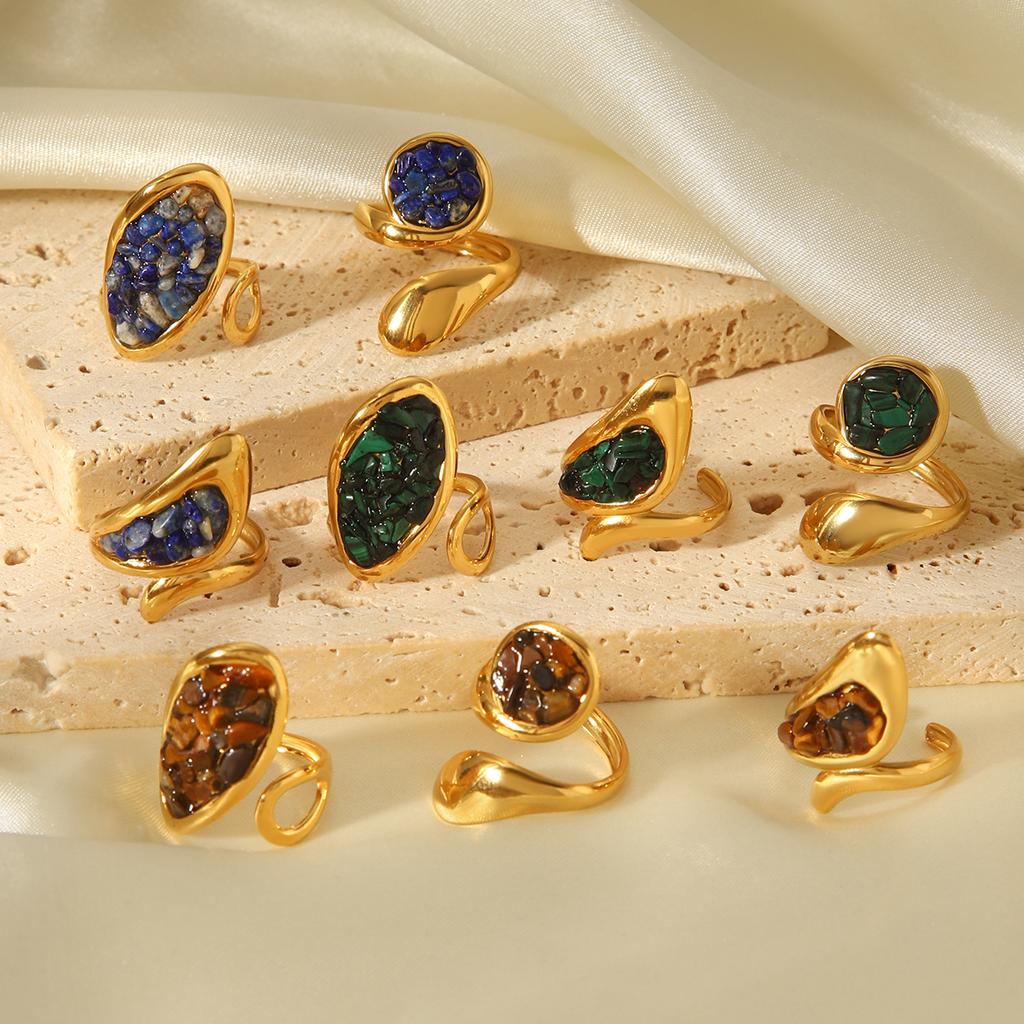 Three Kinds Of Stainless Steel Rings Geometric Shape Gold Plated Broken Pattern Lapis Lazuli Ring Finger Decoration Accessories