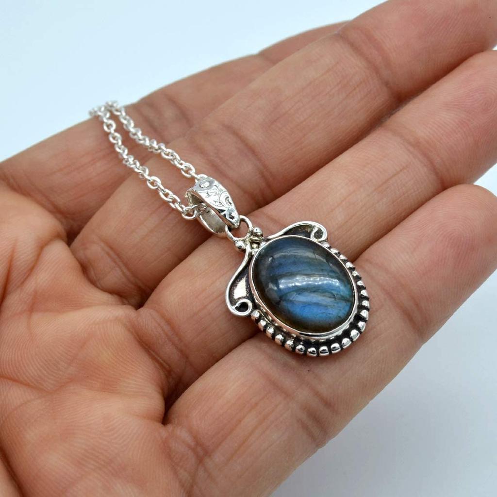 Natürliche Labradorit-Halskette aus 925er Sterlingsilber, lange Kette in Silberdesign, lange Halskette für Frauen