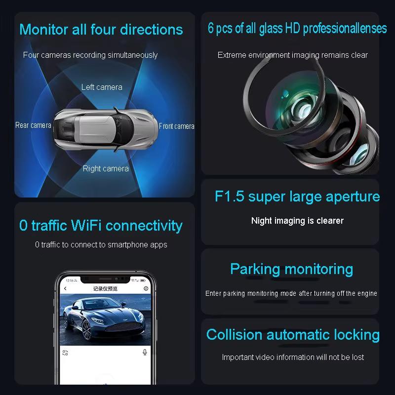 4 Channel Hidden Tachograph 1080P HD Mini Dash Cam Video Recorder Front Left Right Rear Night Vision Loop Recording DVR Black Box