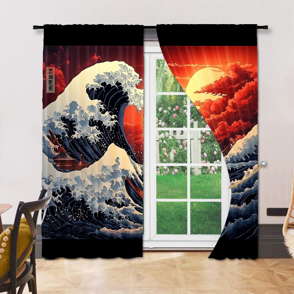 Set Of 2 Versatile Polyester Transparent Curtains Home Decoration Sunset Ocean Waves Japanese Art Use Bedrooms Made Bedroom Decor Window Treatment