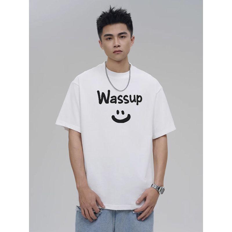 Wassup Trendy Smiley Letter Men and Women Same Type T-shirt Summer Loose All-Match Trendy Tee Couple round Neck Short Sleeve