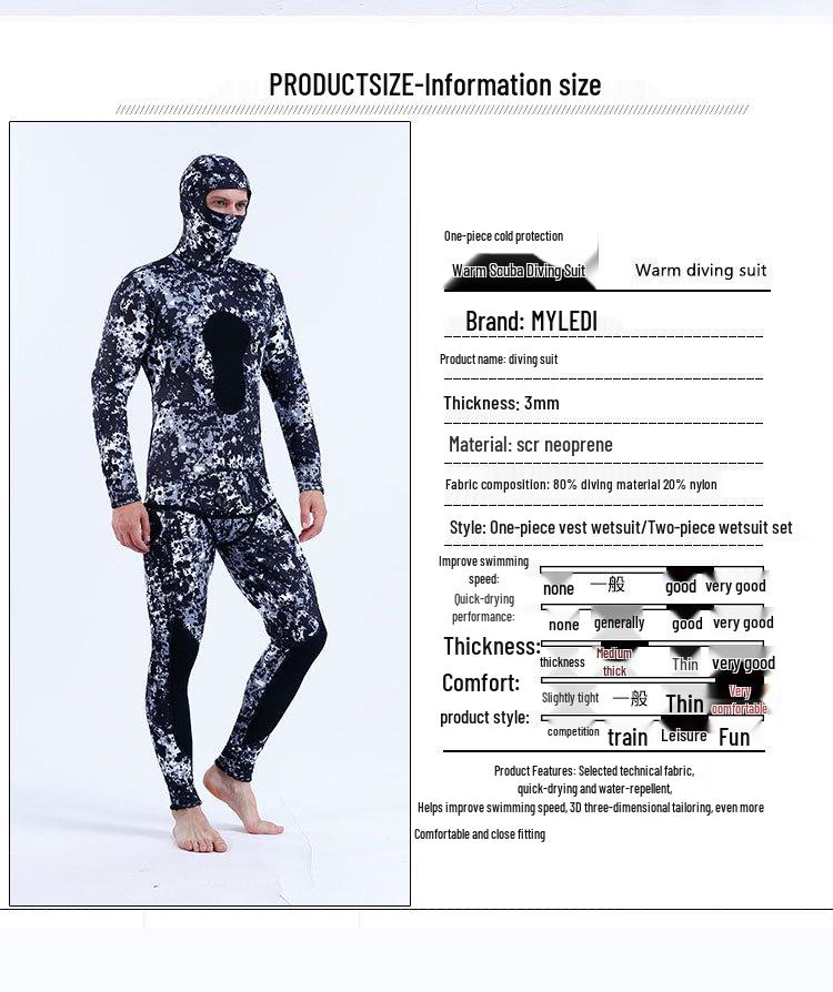 3mm Camouflage Two-Piece Wetsuit with Hood for Diving, Spearfishing, Freediving, and Snorkeling