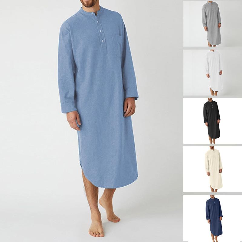 

Men Cotton Button-down Sleep Robe Solid Color Stand Neck Long Sleeve Nightgown Fashion Comfortable Home Wear Loose Bathrobe M небо синє кольору
