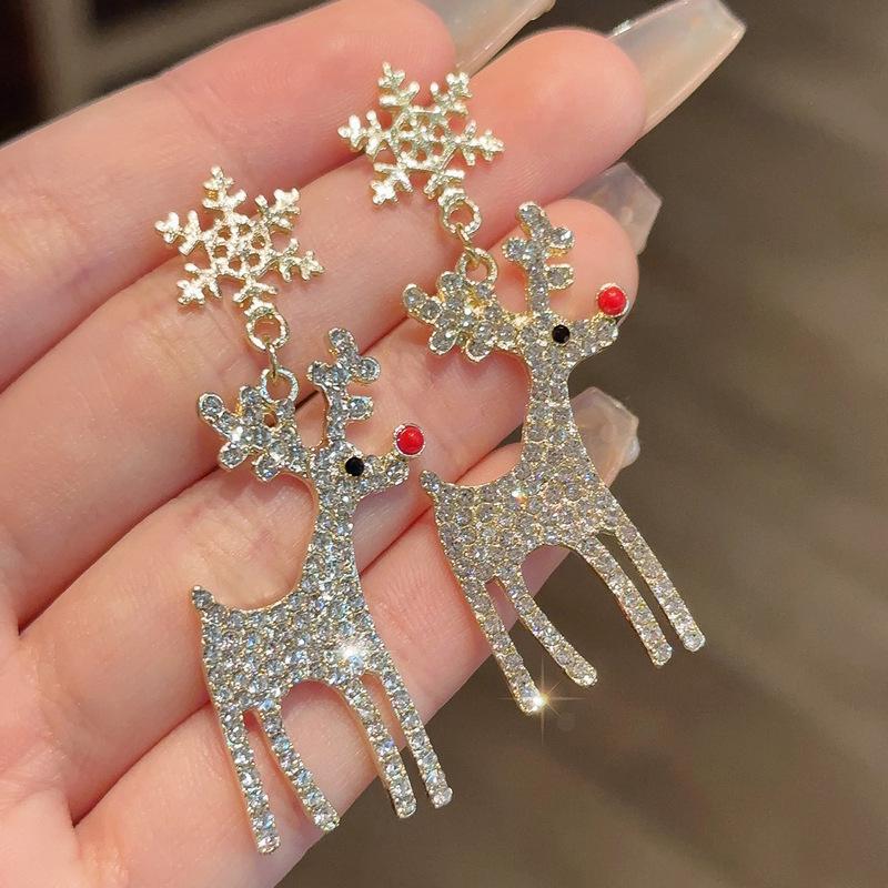

Korean Minimalist Rhinestone Snowflake Reindeer Stud Earrings - Elegant Women s Light Luxury Design Electroplated