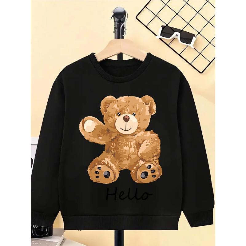 European Sizes Kids' Round-Neck Hoodie - Teddy Bear Wave Hello Pattern Print | Sportswear and Casual Wear, Soft and Comfortable