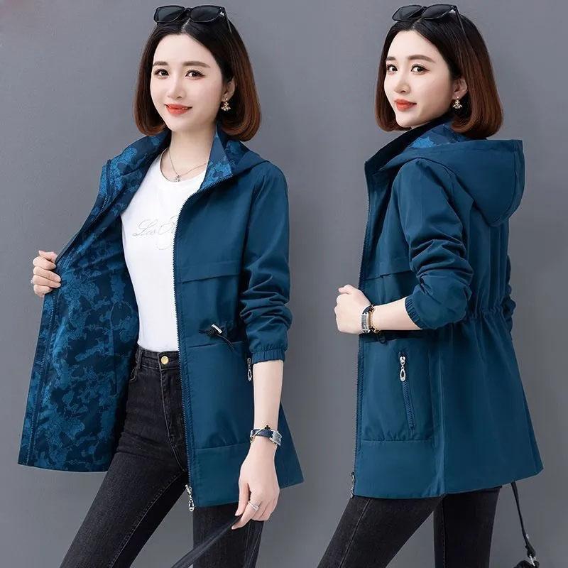 

Double-Sided Trench Coat Women Spring Autumn Clothes Hooded Print Mid Long Windbreaker Jacket Female Outerwear Tops L синій